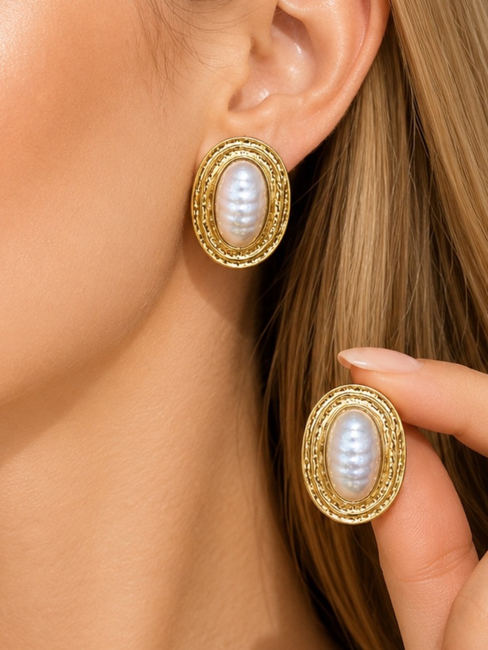 Gold Oval Pearl-Accent Stud Earrings